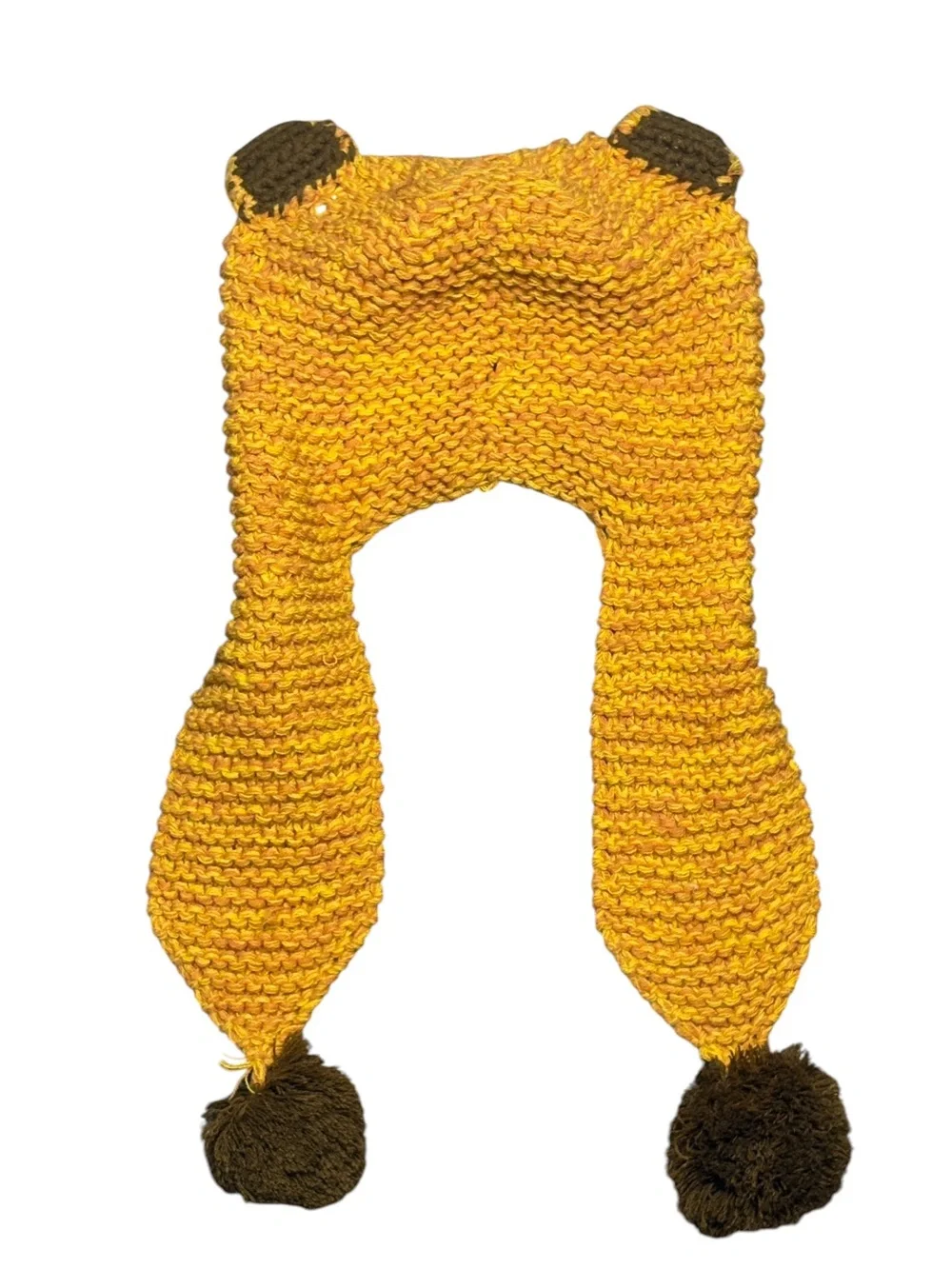Vintage Chunky Knit Yellow Cat Lion Animal Earflap Beanie Chullo Hat Pom Pom